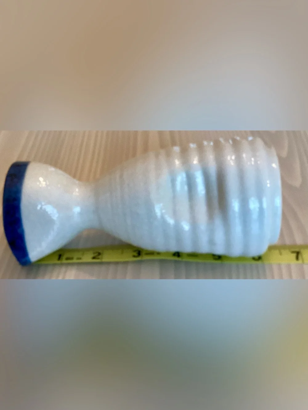 Pier 1 Imports Blue Rim White Ribbed Ceramic Sake Bottle Carafe Tokkuri Vase